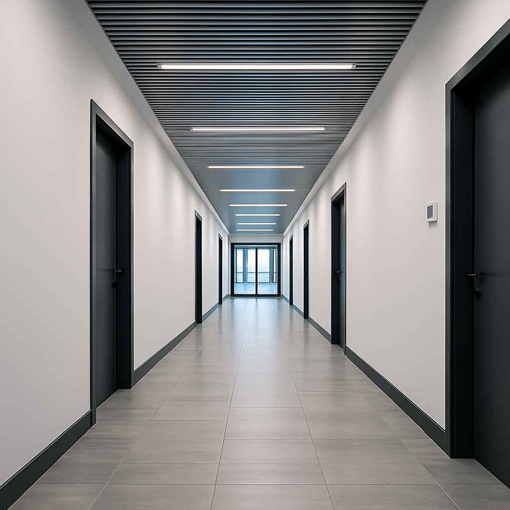 Современный офисный коридор с профессиональным освещением